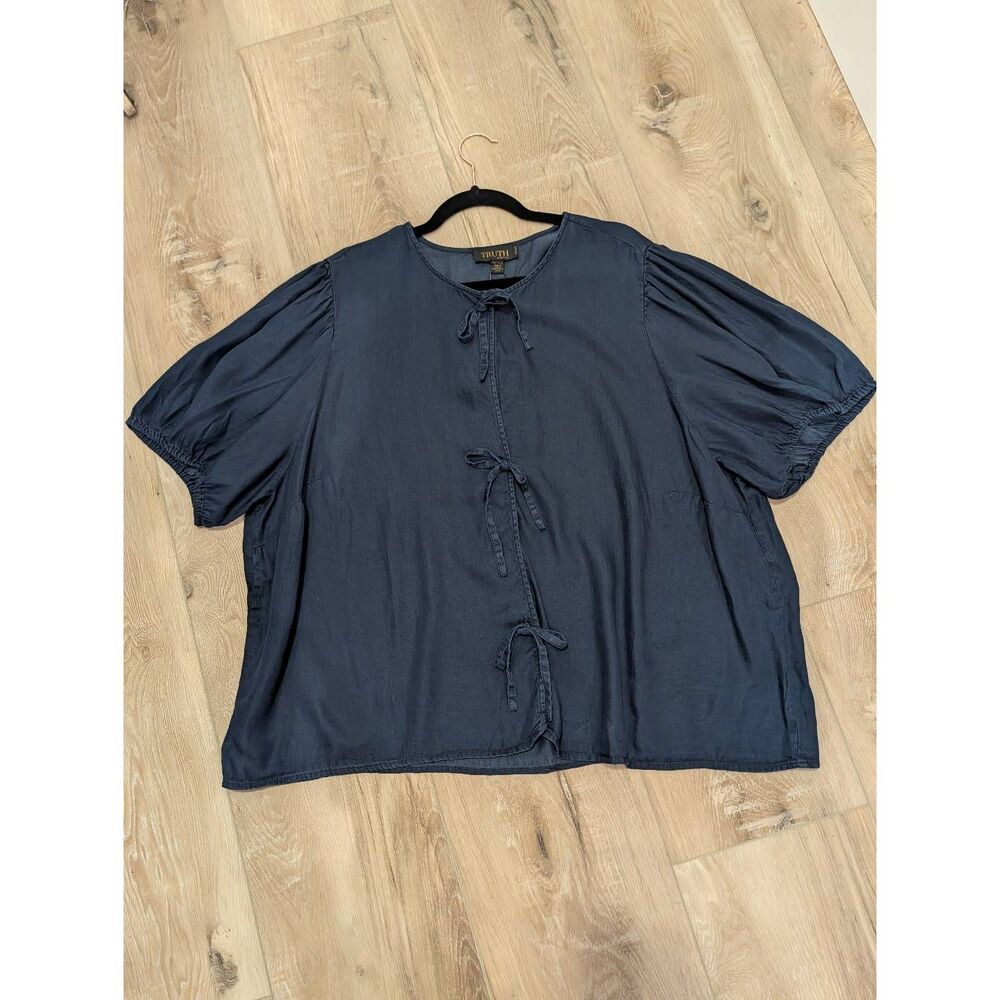 Truth by Republic Blouse 3XL Indigo Tencel Tie Front Balloon Sleeve Navy BNWT